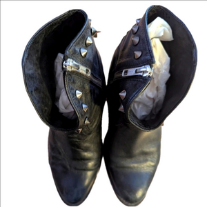MINELLI French Black Leather Moto Rock Western Grunge Studded Booties Size 38